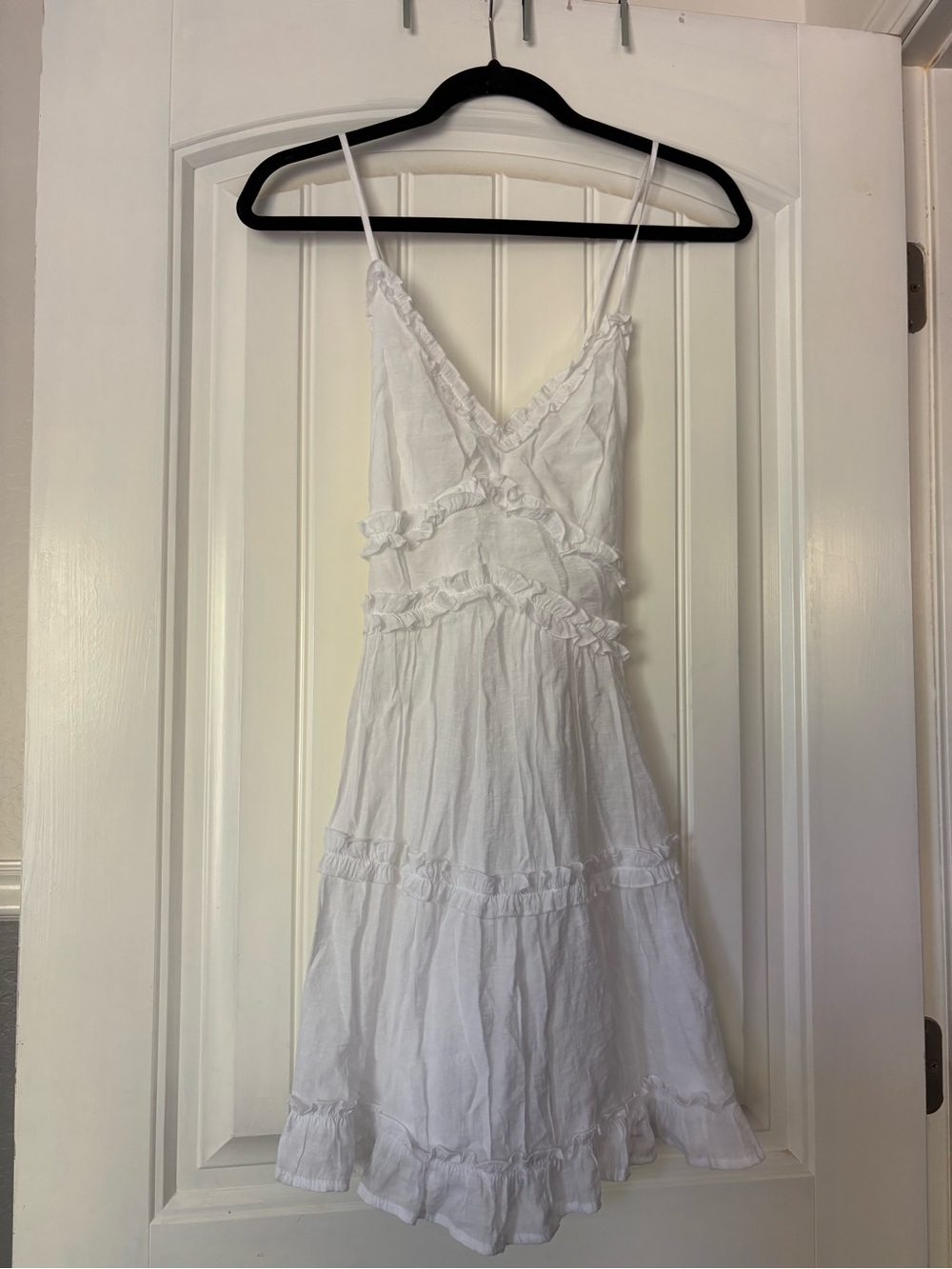 Francesca's Collections White Ruffle-Tier Spaghetti Strap Mini Dress